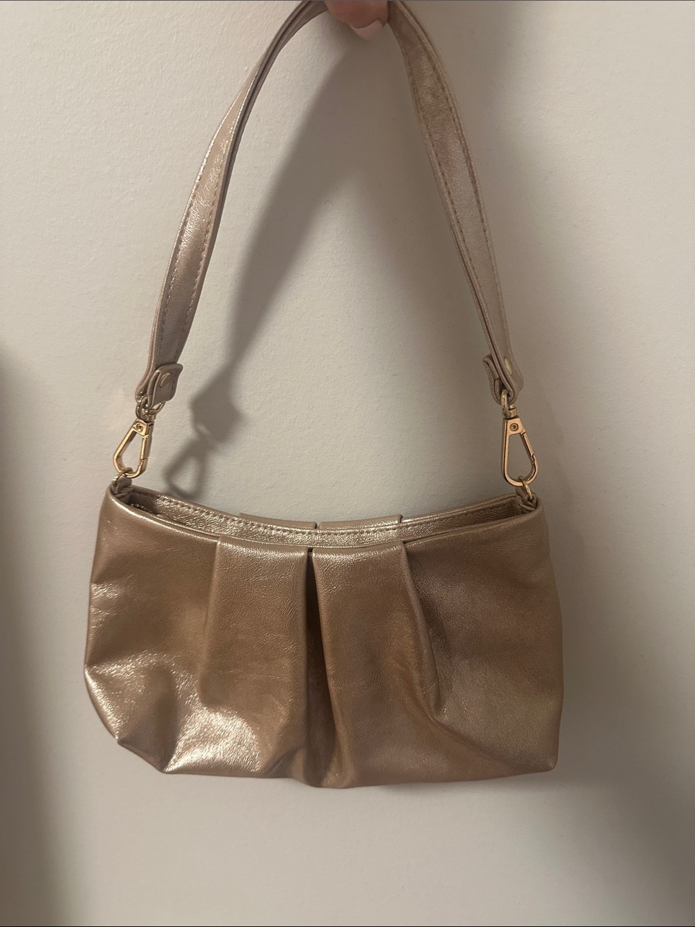 Shimmering Metallic Champagne Shoulder Bag with Pleated Front